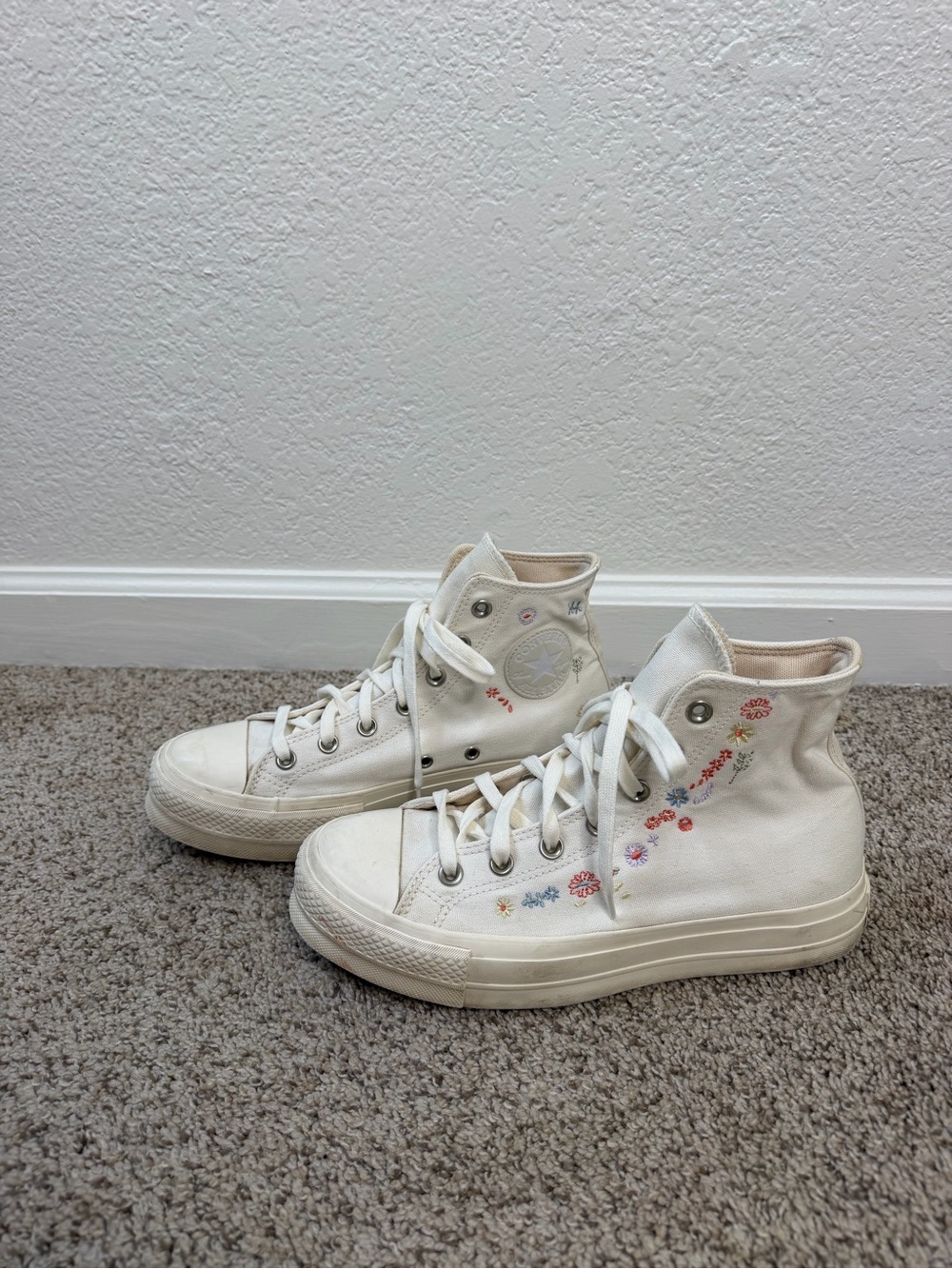 Converse White High-Top Sneakers with Multicolor Floral Embroidery